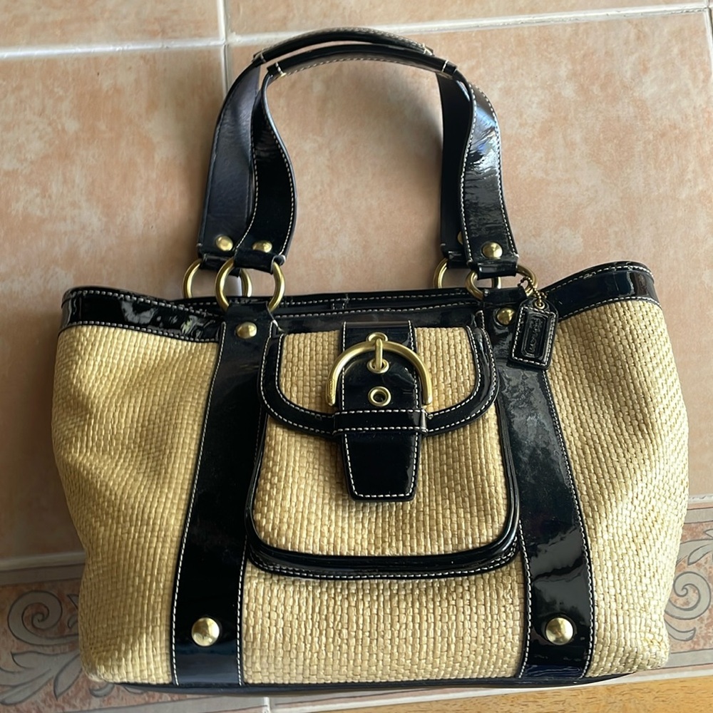 Black/Tan Straw Coach Satchel Bag